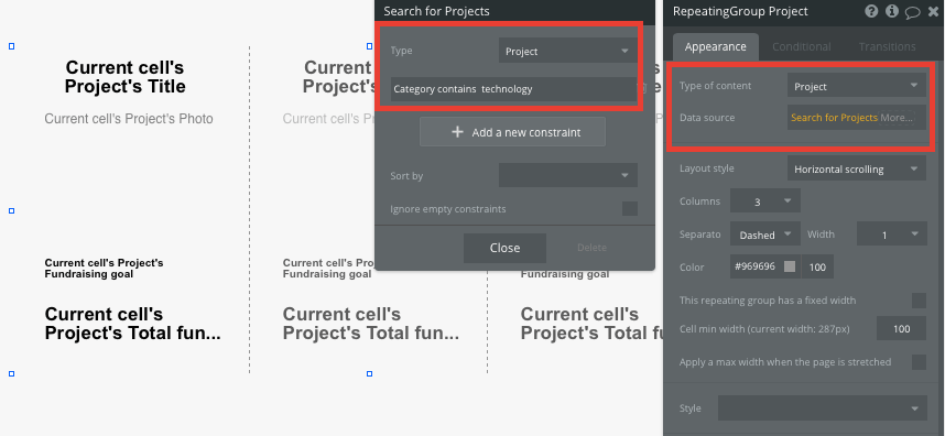 Bubble No Code Kickstarter Clone Tutorial Walkthrough - repeating group.