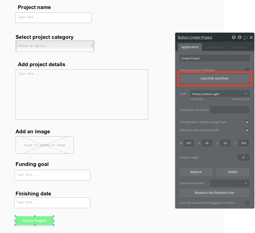 Bubble No Code Kickstarter Clone Tutorial Walkthrough - create project button.