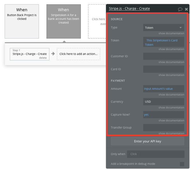 Bubble No Code Kickstarter Clone Tutorial Walkthrough - stripe charge workflow.