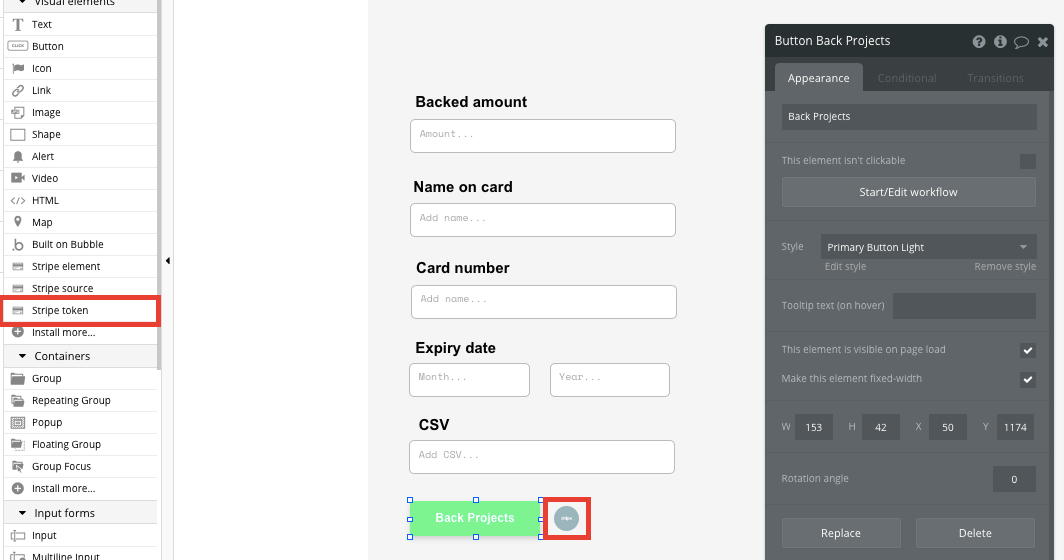 Bubble No Code Kickstarter Clone Tutorial Walkthrough - stripetoken button.