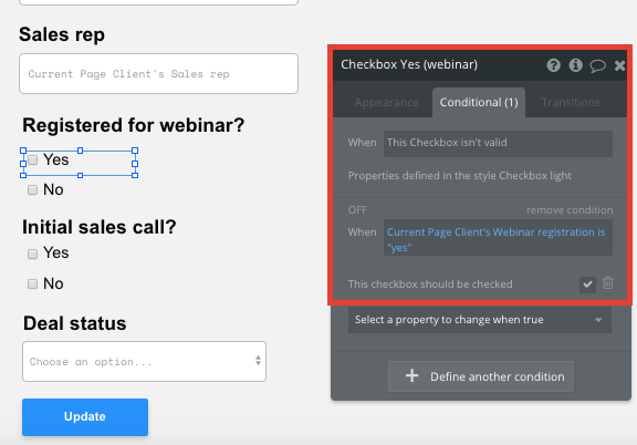 Bubble no code salesforce CRM clone tutorial walkthrough - checkbox settings.