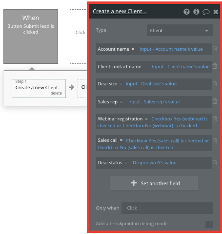 Bubble no code salesforce CRM clone tutorial walkthrough - new client workflow.