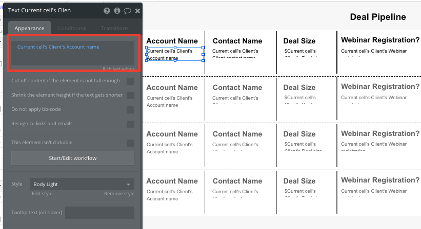 Bubble no code salesforce CRM clone tutorial walkthrough - deal pipeline appearance.