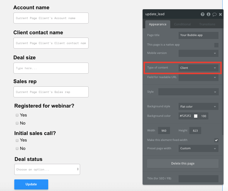 Bubble no code salesforce CRM clone tutorial walkthrough - client update page.