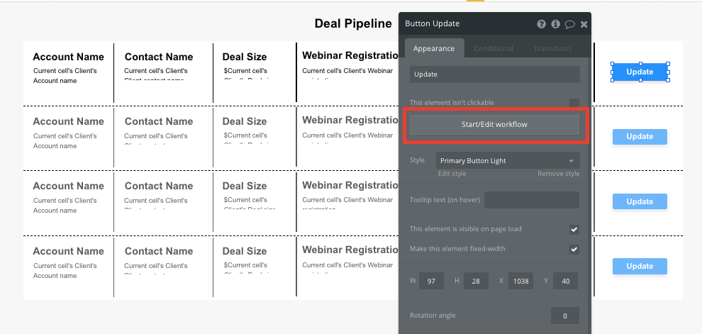 Bubble no code salesforce CRM clone tutorial walkthrough - deal pipeline settings.