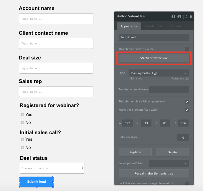 Bubble no code salesforce CRM clone tutorial walkthrough - lead submission page.