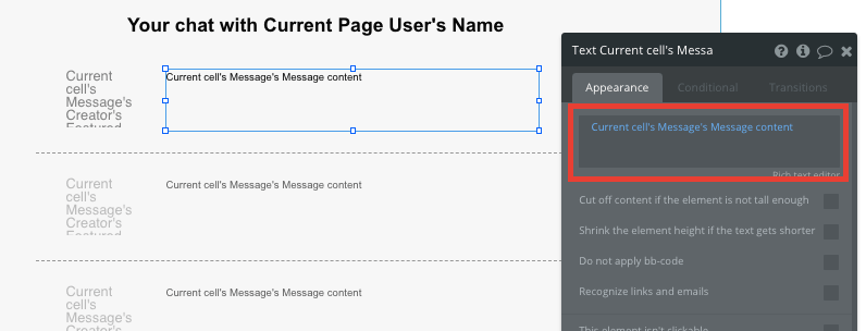 Bubble No Code Tinder Clone Tutorial Walkthrough - current chat message.