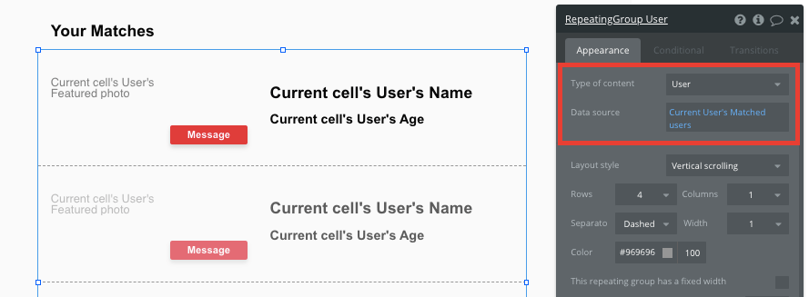 Bubble No Code Tinder Clone Tutorial Walkthrough - match list.