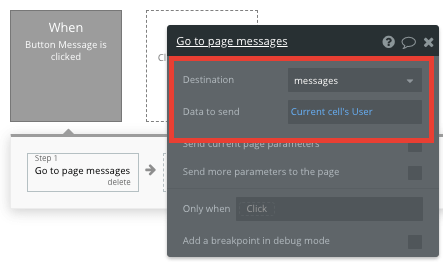 Bubble No Code Tinder Clone Tutorial Walkthrough - page message workflow.