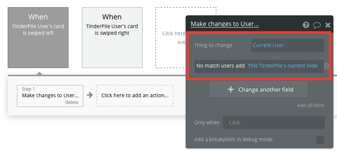 Bubble No Code Tinder Clone Tutorial Walkthrough - user change workflow.