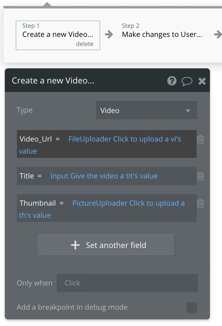 Bubble no code Youtube clone tutorial walkthrough - create new video.