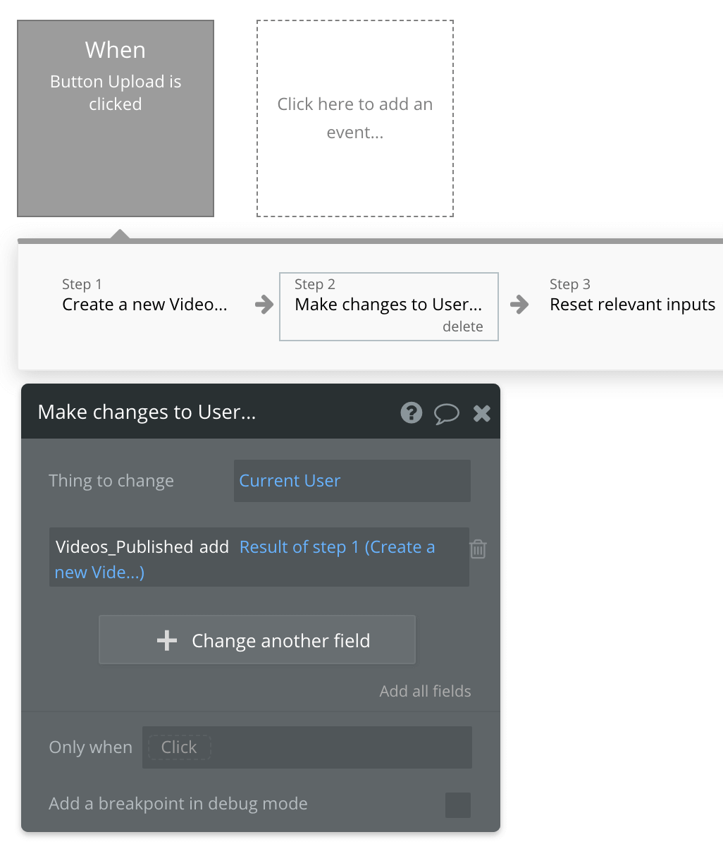 Bubble no code Youtube clone tutorial walkthrough - user change workflow.