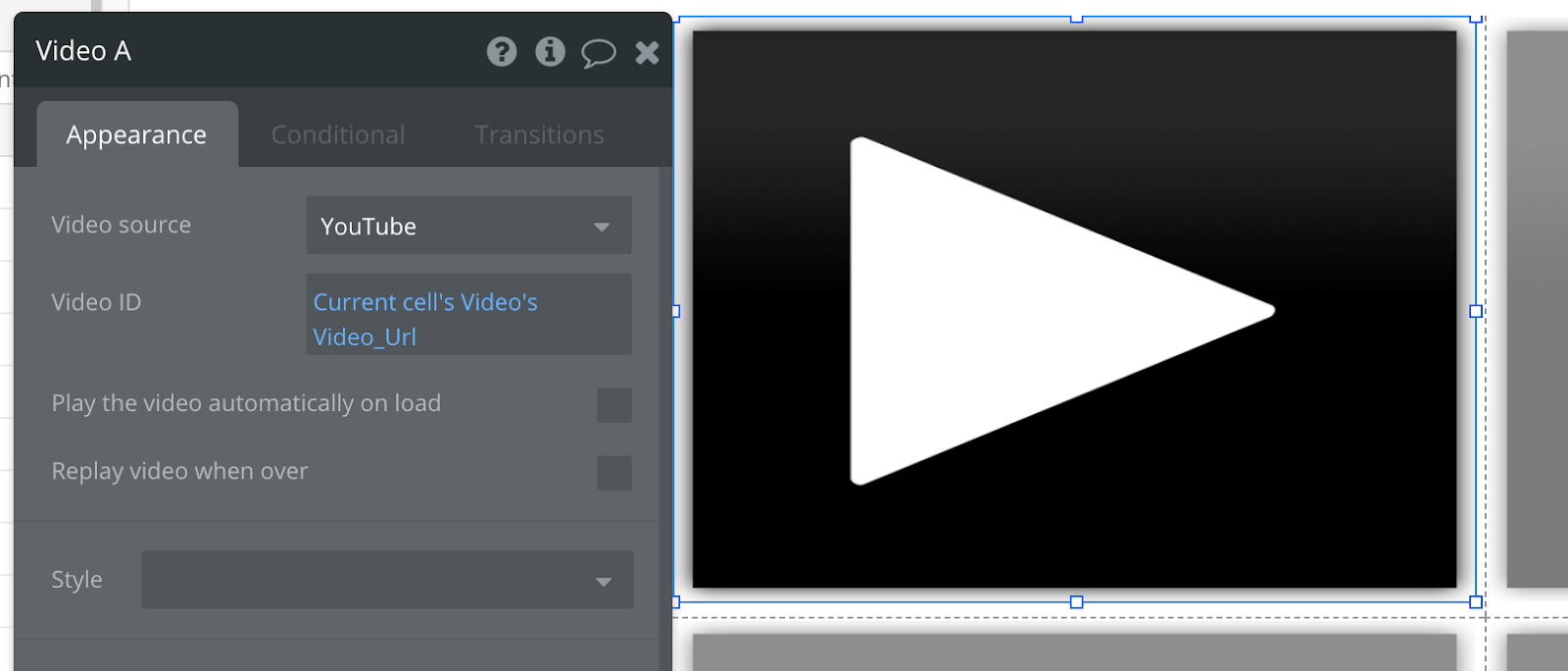 Bubble no code Youtube clone tutorial walkthrough - video appearance.