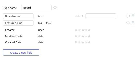 Bubble No Code Pinterest Tutorial Walkthrough - board fields.