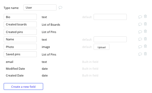 Bubble No Code Pinterest Tutorial Walkthrough - user fields.