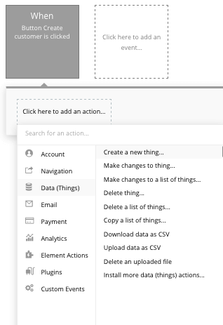 Creating a new thing in Bubble’s no-code workflow editor