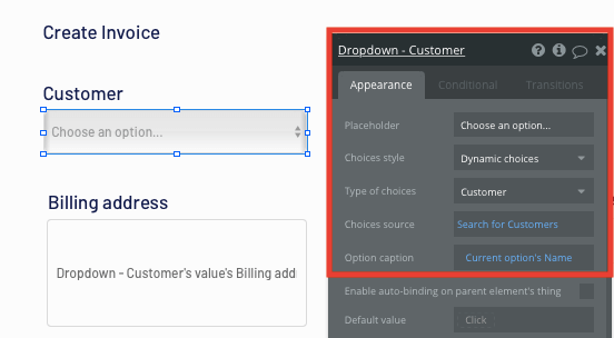 Configuring dynamic content of a menu in Bubble’s no-code editor