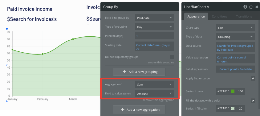 Quickbooks no-code clone invoice total displayed on a line graph