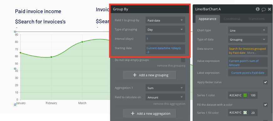 Configuring the date range of a no-code line graph element