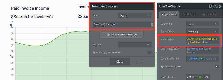 Configuring a line graph to display a total of Quickbook invoice amounts