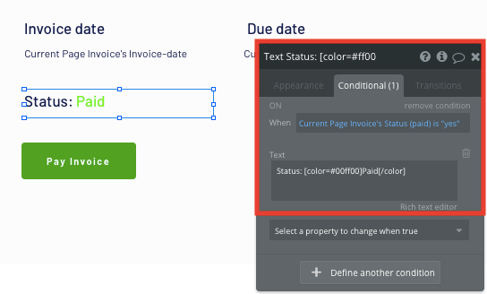 Updating the status of a Quickbooks invoice with Bubble’s conditional text