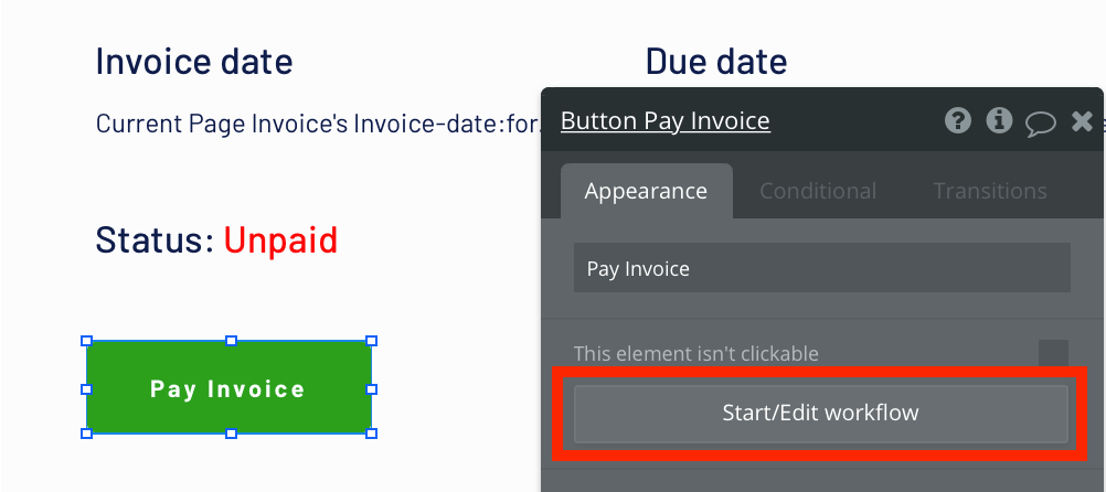 Trigger a new no-code workflow when a pay invoice button is clicked