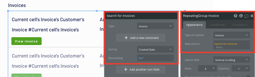 Displaying a list of invoices in a no-code Quickbooks app
