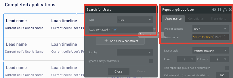 Configuring the data source of a no-code repeating group element