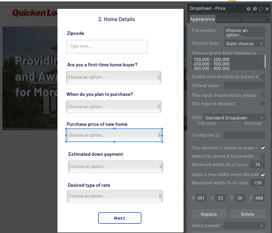 Configuring a no-code dropdown menu component