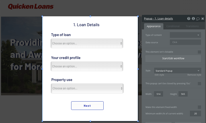 No-code Quicken Loans clone tutorial home loan application form
