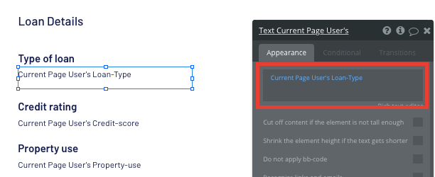 Configuring dynamic content elements in a no-code repeating group