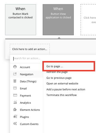 Selecting a no-code page navigation workflow event 