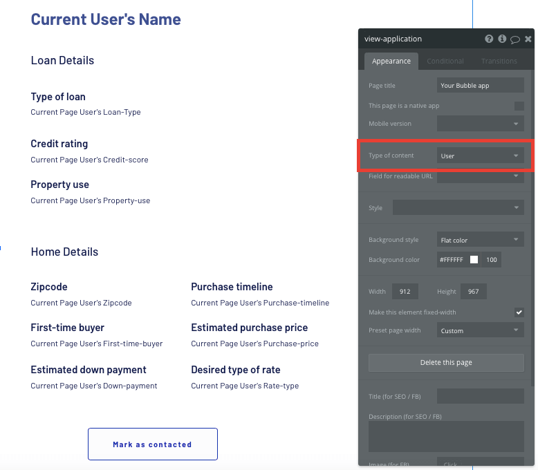 Configuring the data type of a Quicken Loans clone page