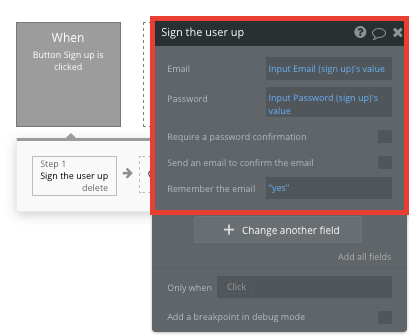 Bubble sign user up action inputs tutorial