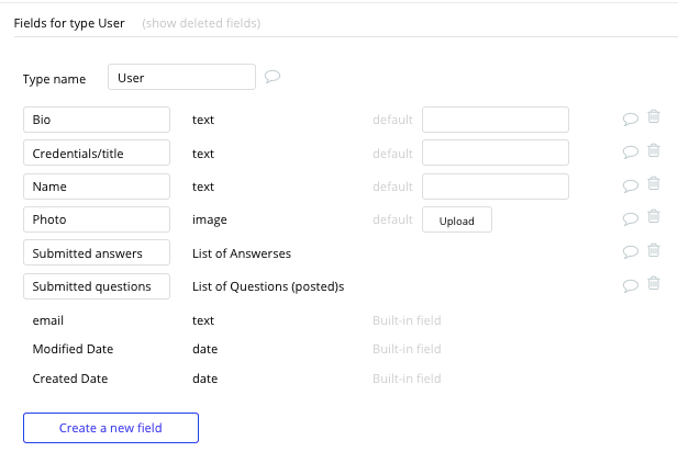 Bubble No Code Quora Clone User Data Type Fields