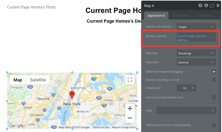 Bubble no code Zillow clone property marketplace tutorial - map appearance.