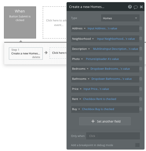 Bubble no code Zillow clone property marketplace tutorial - new home workflow.