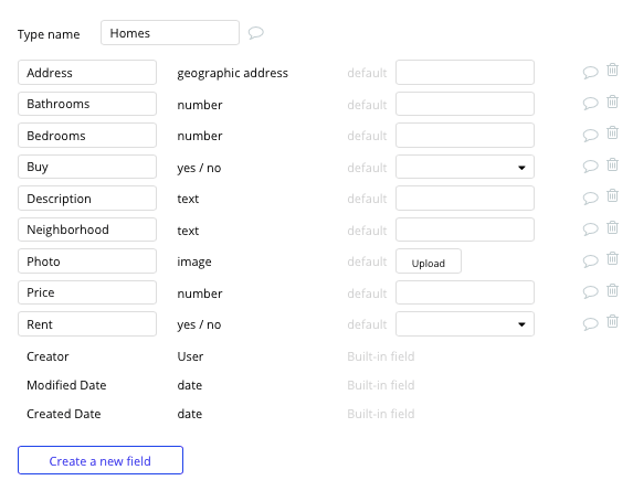 Bubble no code Zillow clone property marketplace tutorial - homes fields.