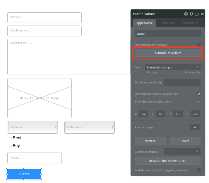 Bubble no code Zillow clone property marketplace tutorial - submit button.
