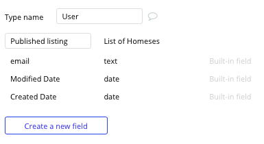 Bubble no code Zillow clone property marketplace tutorial - user fields.