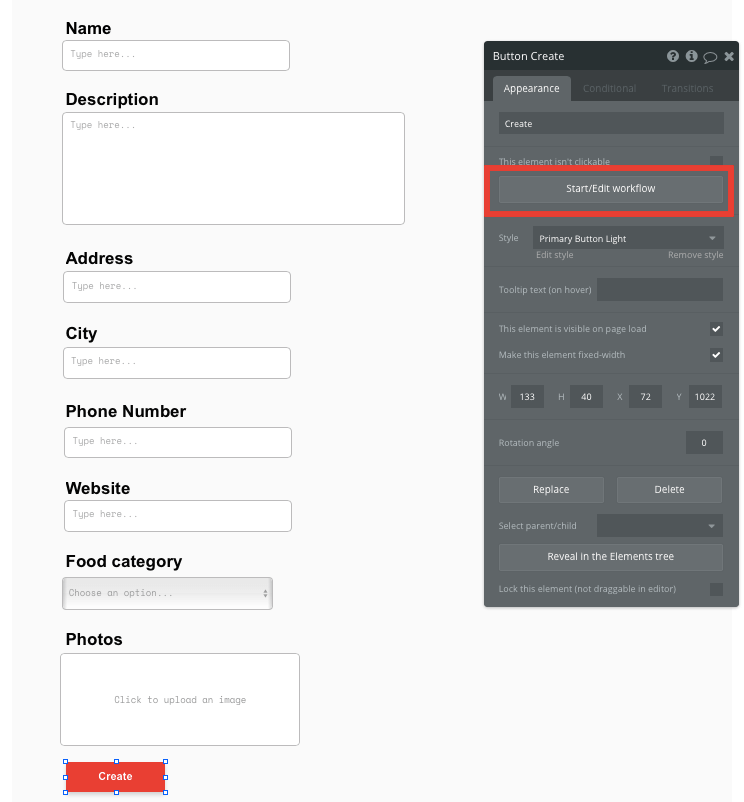 Bubble no code yelp clone tutorial template - create button workflow.