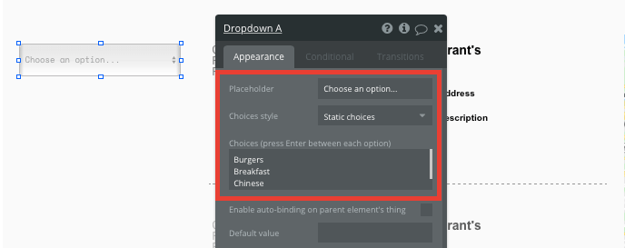 Bubble no code yelp clone tutorial template - dropdown menu.