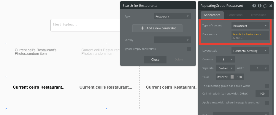 Bubble no code yelp clone tutorial template - restaurant repeating group.