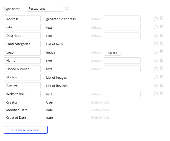 Bubble no code yelp clone tutorial template - restaurant fields.