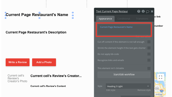 Bubble no code yelp clone tutorial template - restaurant page settings.