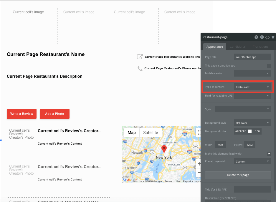 Bubble no code yelp clone tutorial template - restaurant page.