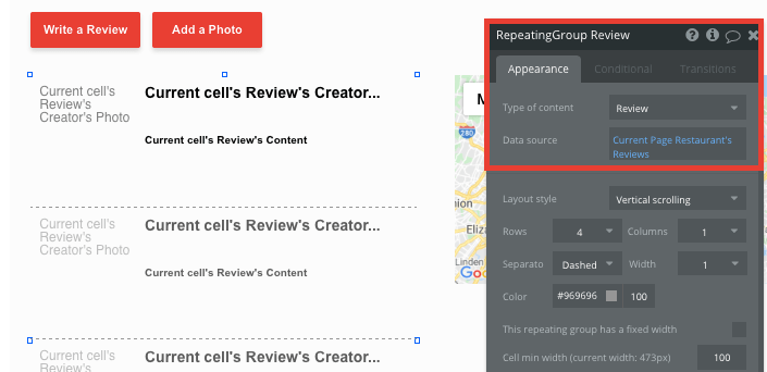 Bubble no code yelp clone tutorial template - review repeating group.