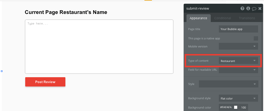 Bubble no code yelp clone tutorial template - restaurant review page.