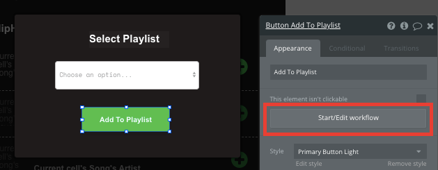 Add to Playlist Button Workflow for Bubble Spotify Music Streaming App