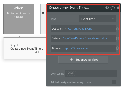 Bubble no-code Ticketmaster clone creating a new event time